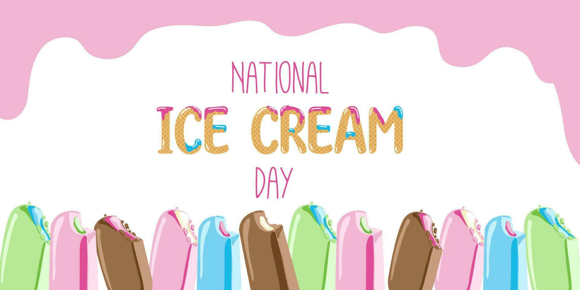 Happy National Ice Cream Day card. A waffle cone with various fruit ice cream scoops. Vector banner in flat cartoon style.