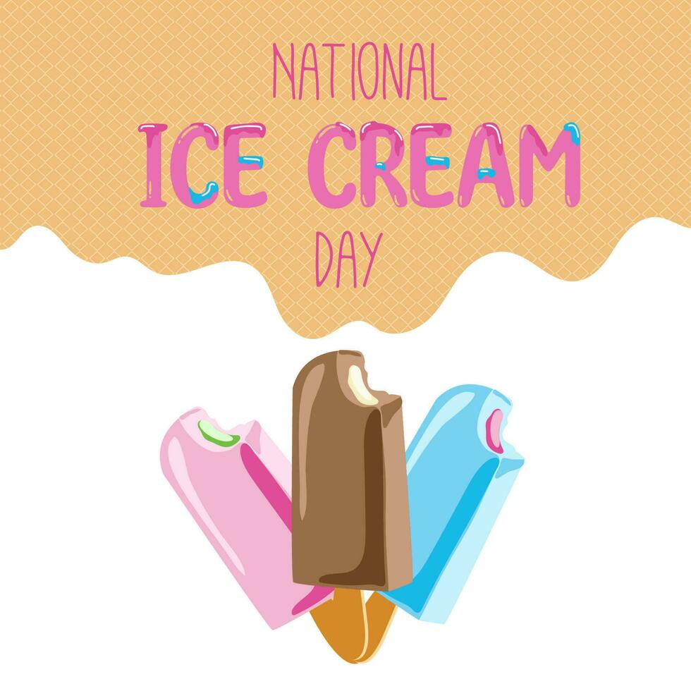 contento nacional hielo crema día tarjeta. un gofre cono con varios Fruta hielo crema cucharadas vector bandera en plano dibujos animados estilo.
