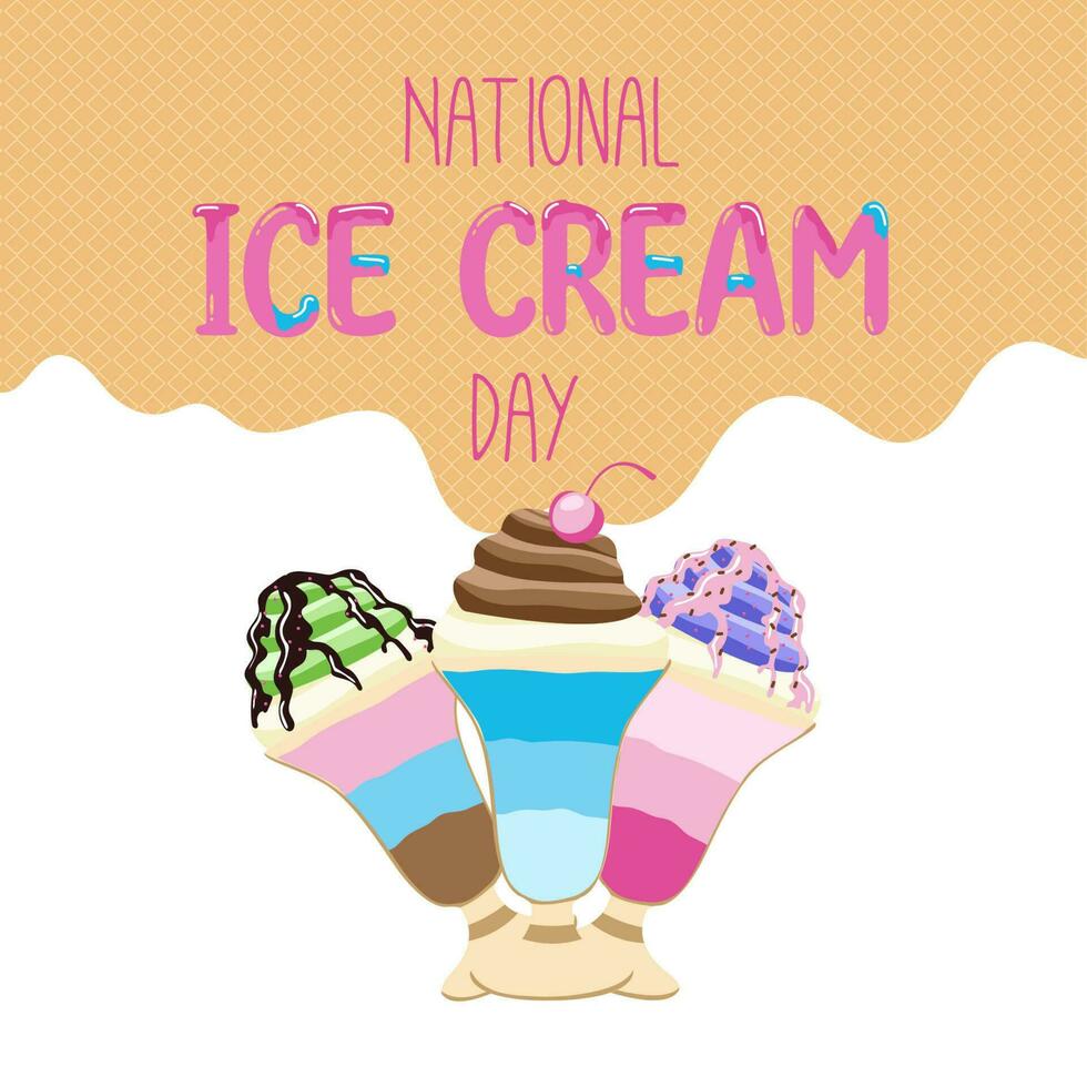 Happy National Ice Cream Day card. A waffle cone with various fruit ice cream scoops. Vector banner in flat cartoon style.