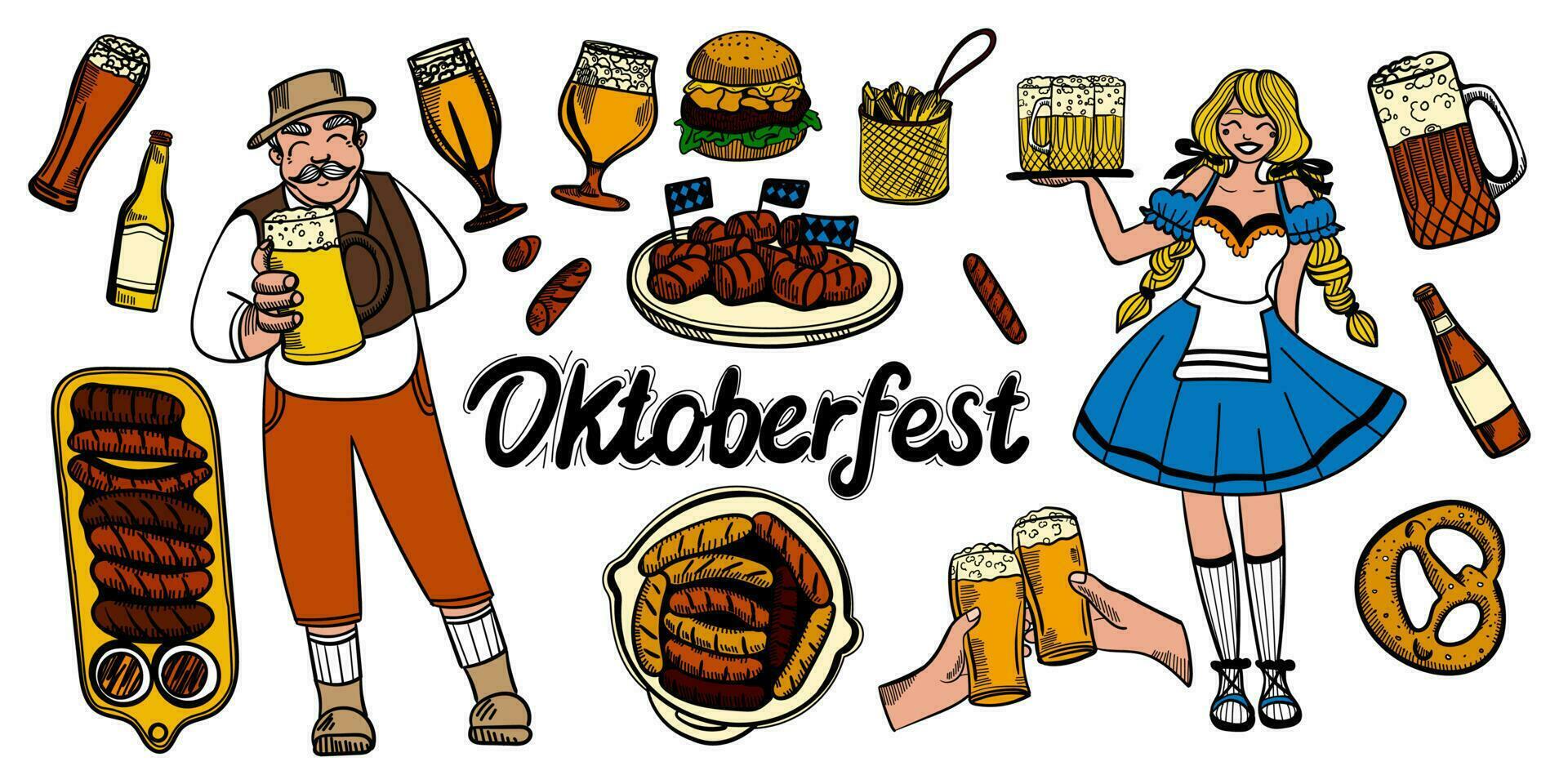 Oktoberfest food and symbols collection. Vector Oktoberfest objects and icons with lettering inscription Welcome to Oktoberfest. Beer, hat, meat,, hot dog, sausages, etc.