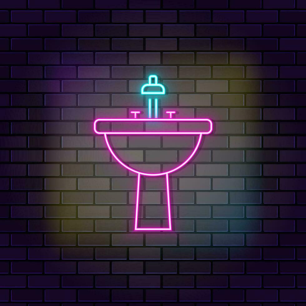 Bathroom, fauset, plumbing neon icon brick wall and dark background. vector