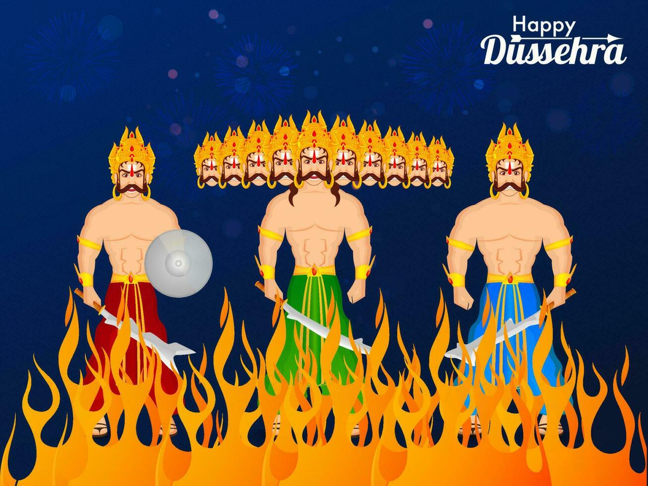 Hindu Mythological Demon King Ravana With His Brother Kumbhkarana And Son Meghnad Standing On Fire Blue Background For Happy Dussehra Concept. vector