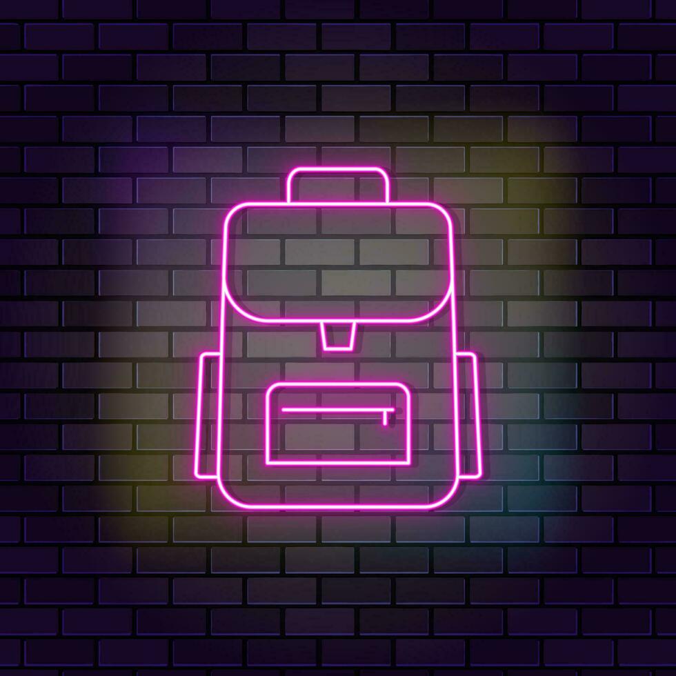 Backpack,bag, education neon icon brick wall and dark background. vector