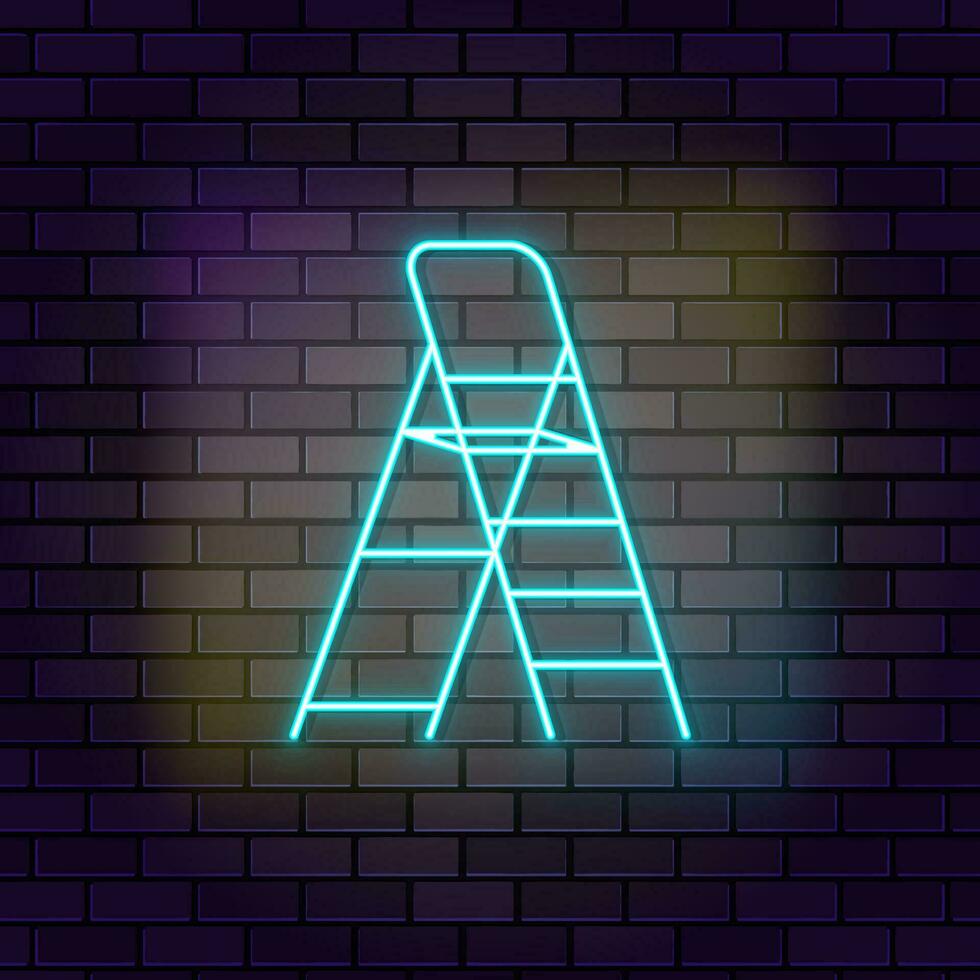 Ladder, painter, step neon icon brick wall and dark background. vector