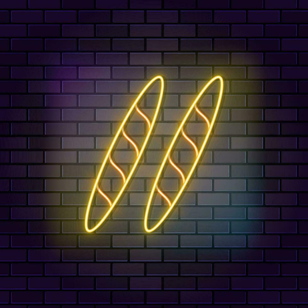 Baguette, bakery, bread neon icon brick wall and dark background. vector