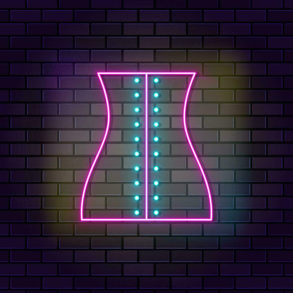 Corrective, corset, shapewear neon icon brick wall and dark background. vector
