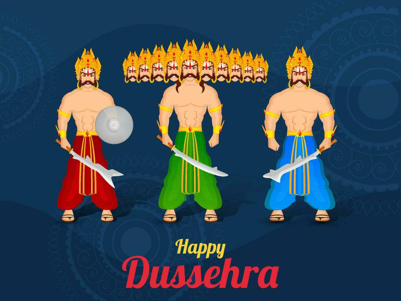 Hindu Mythological Demon King Ravana With His Brother Kumbhkarana And Son Meghnad Standing Together On The Occasion Of Dussehra Festival. vector