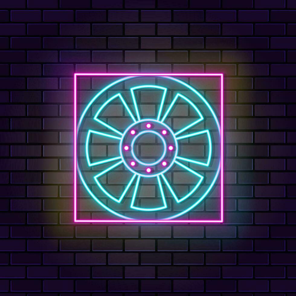 Equipment, fan, hvac neon icon brick wall and dark background. vector