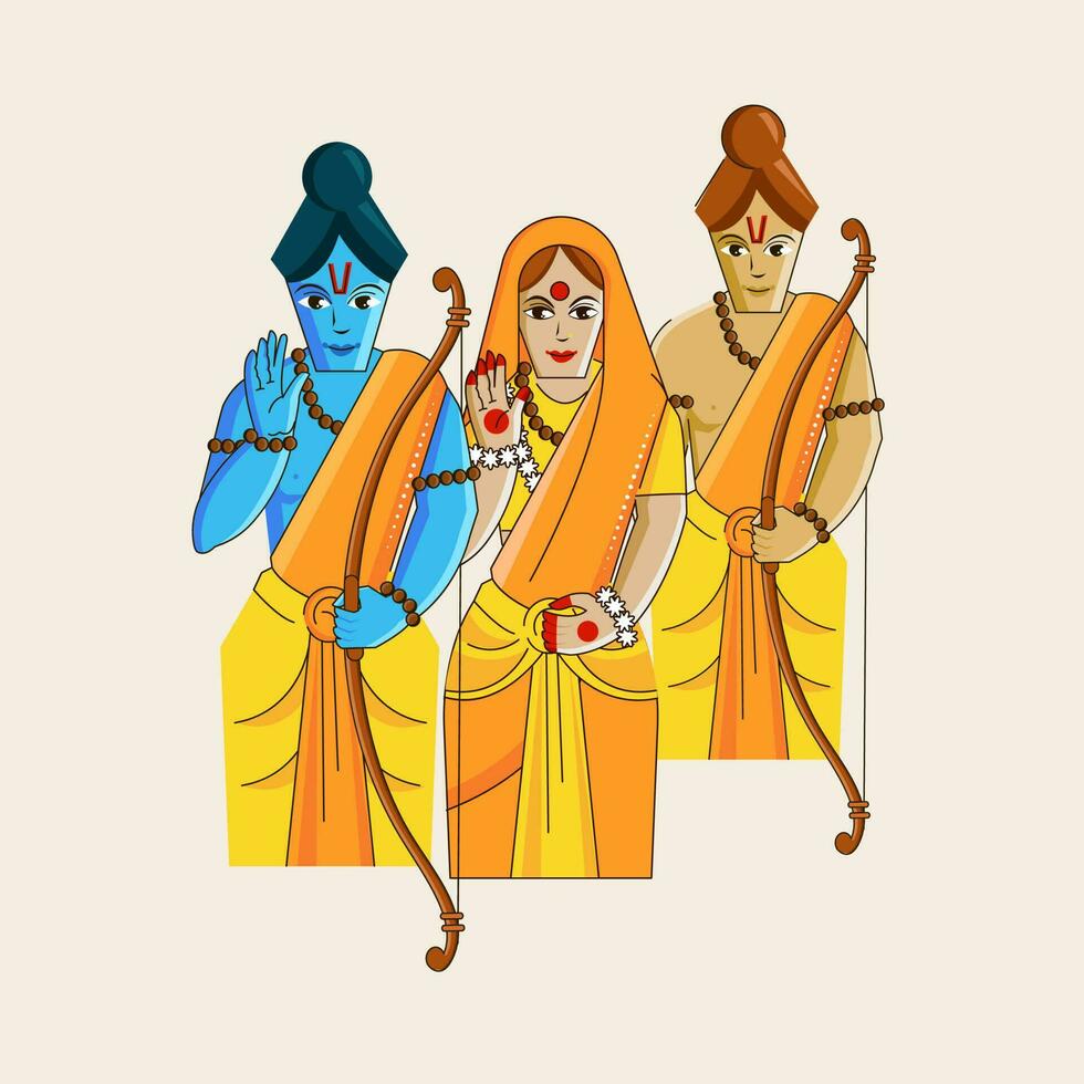Hindu Mythology Lord Rama With His Wife Sita, Little Brother Lakshmana Giving Blessing On Beige Background. vector
