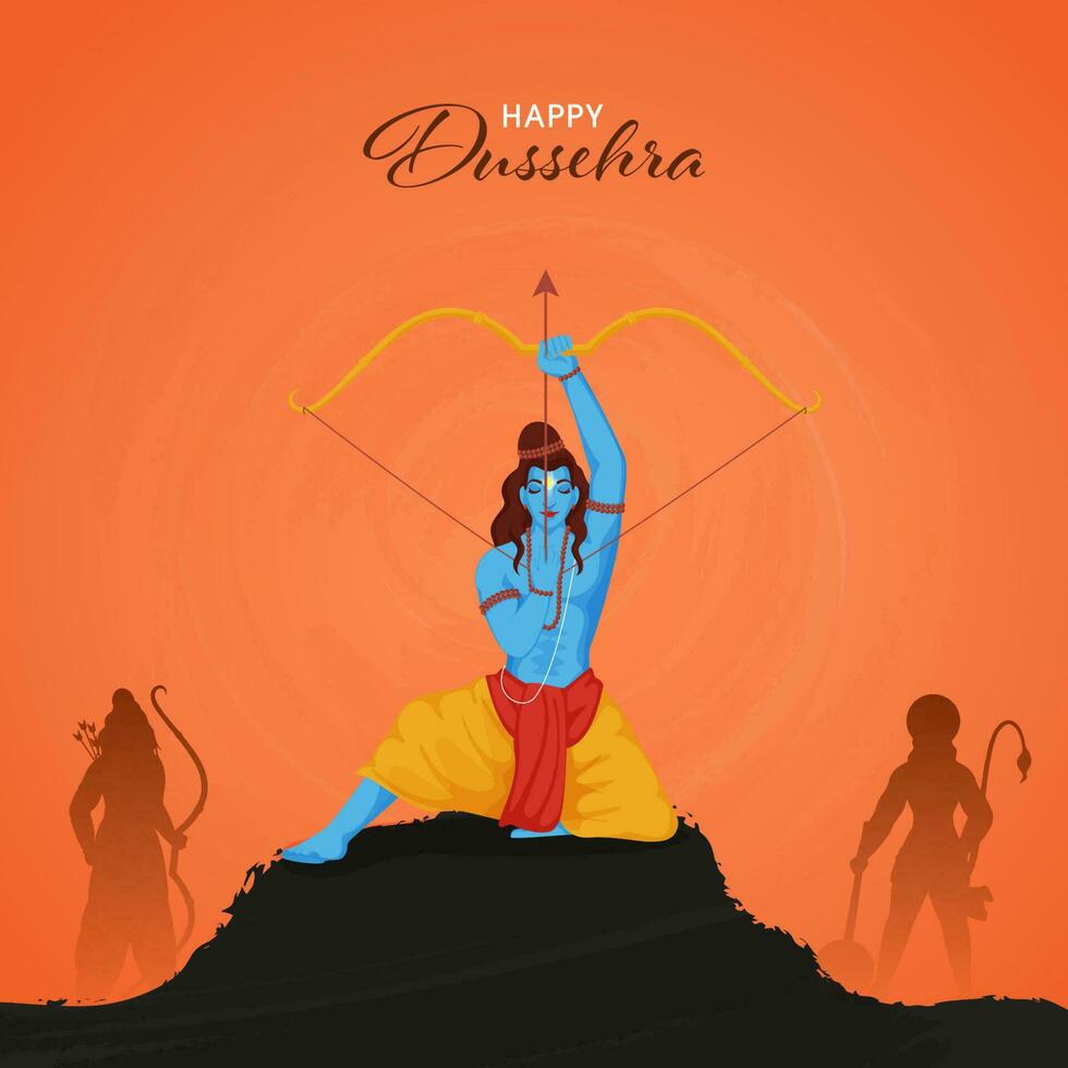 Happy Dussehra Celebration Poster Design With Hindu Mythology Lord Rama Taking An Aim, Silhouette Lakshmana, Hanuman On Black And Orange Background. vector