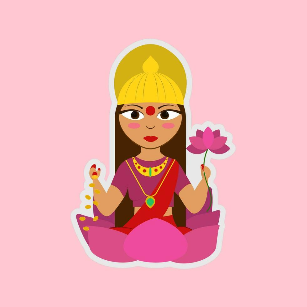 Sticker Style Maa Lakshmi Over Pink Background. vector