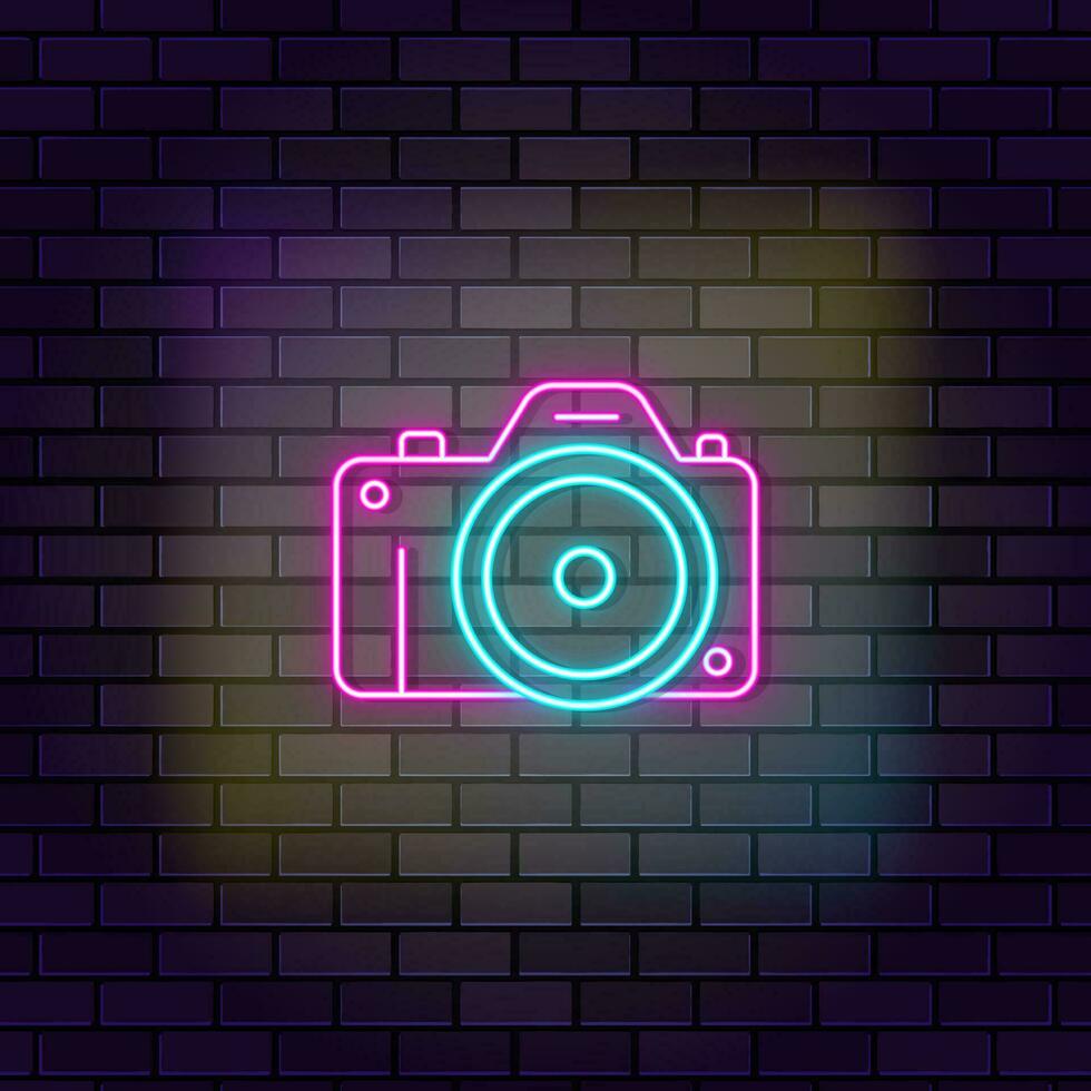 Camera photo photography icon brick wall and dark background. vector