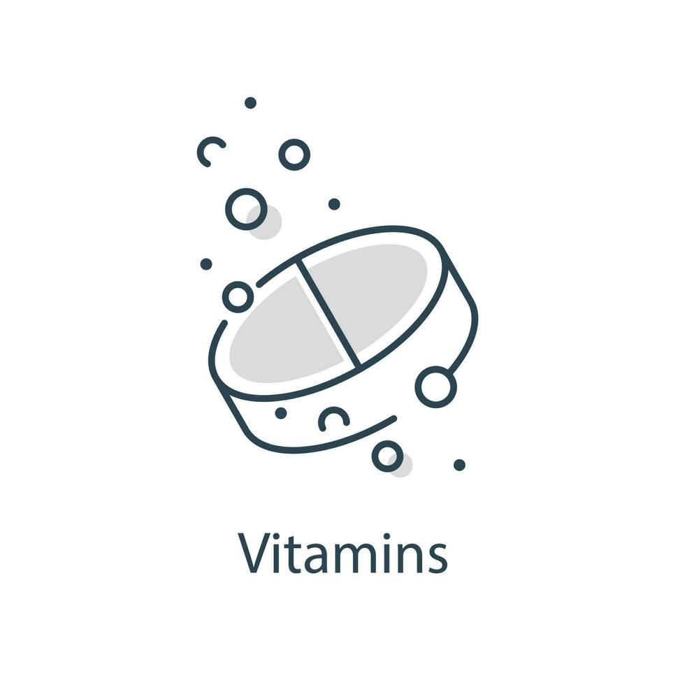 vitamins or sugar substitute, water bubbles, thin line symbol on white background,soluble tablet icon, effervescent pill vector