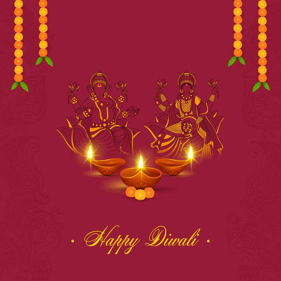 Indian Light Festival, Happy Diwali concept Lord Ganesha and Goddess Lakshmi worshipped with Illuminated Oil Lamps, Floral Garland On Red Background. vector