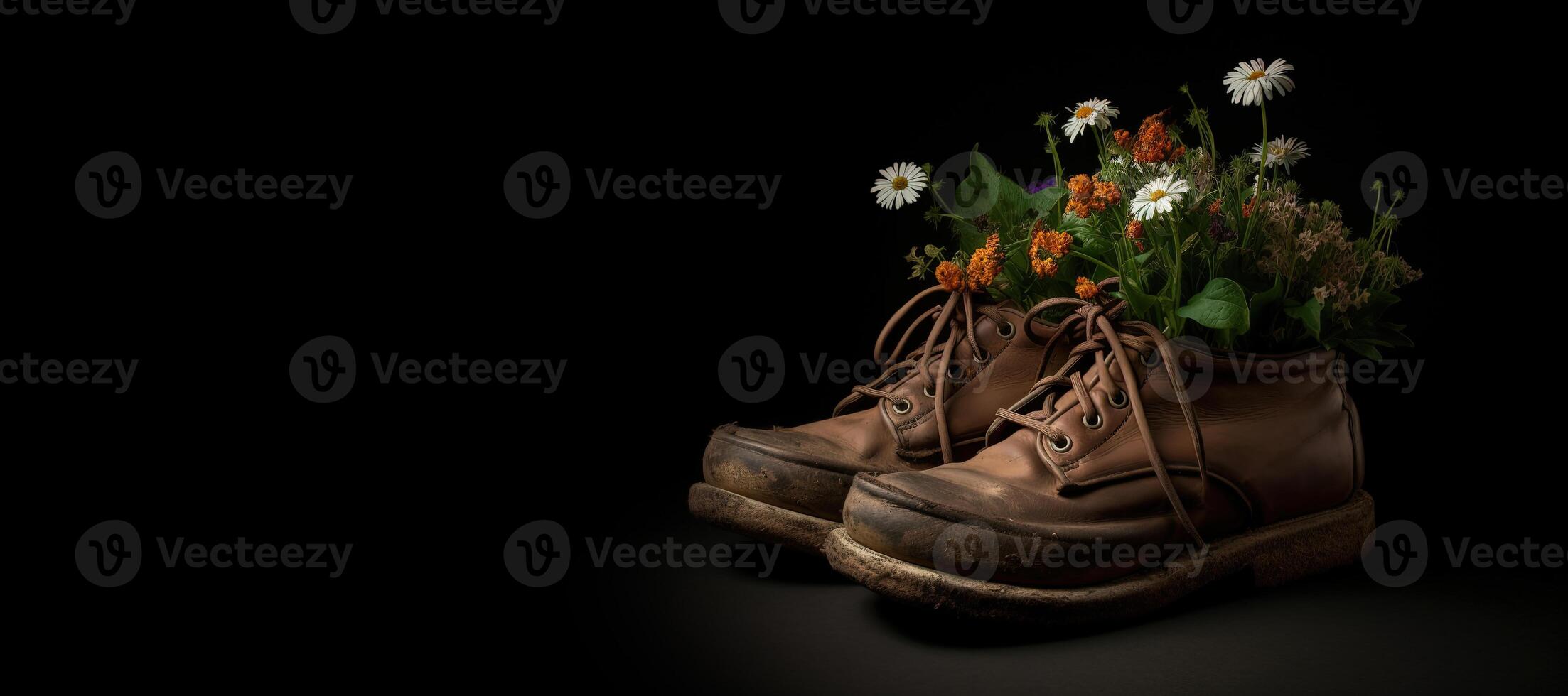 , Old boot with meadow spring flowers, handmade shoe planter. Environmental activism concept photo