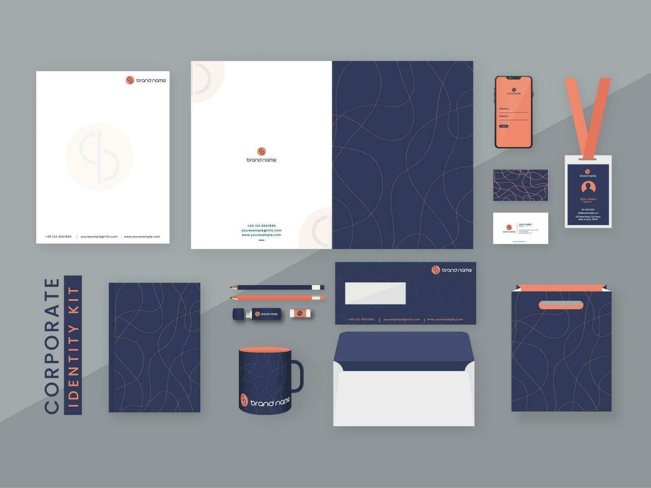 Corporate Identity Kits As Letterhead, Bi-Fold Brochure, Diary, Visiting, Id Card, Double-Side Envelope, Smartphone And Other Items. vector