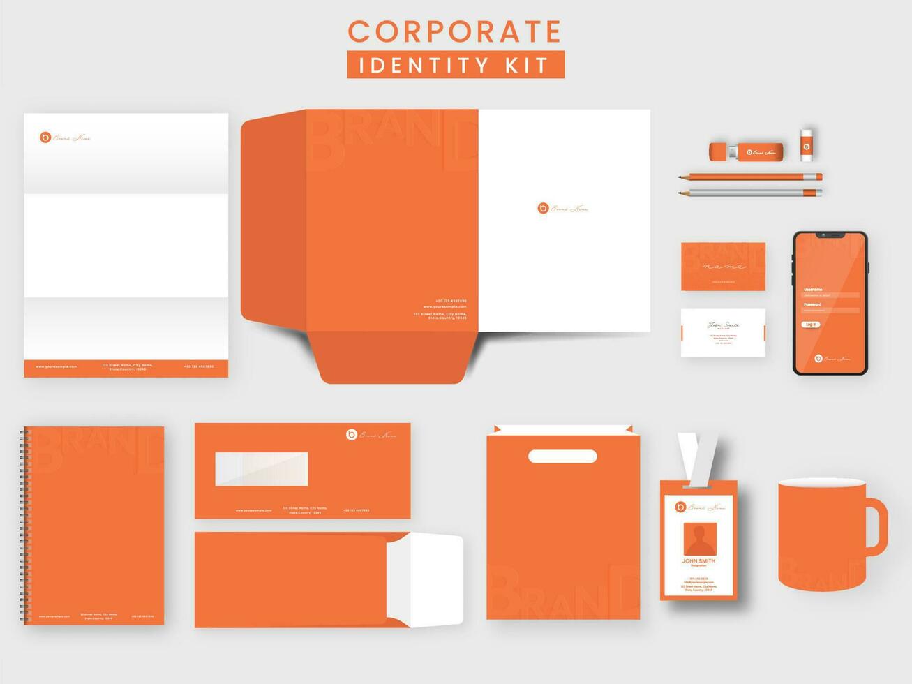 corporativo identidad equipo como carpeta a4, membrete, diario, doble lado sobre, visitando, carné de identidad tarjeta, taza, destello conducir, teléfono inteligente y papel bolso en naranja y blanco color. vector