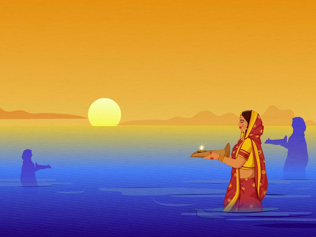 Indian regional festival of Bihar state Chhat, Hindu religious woman worshiping the setting sun at river bank. vector