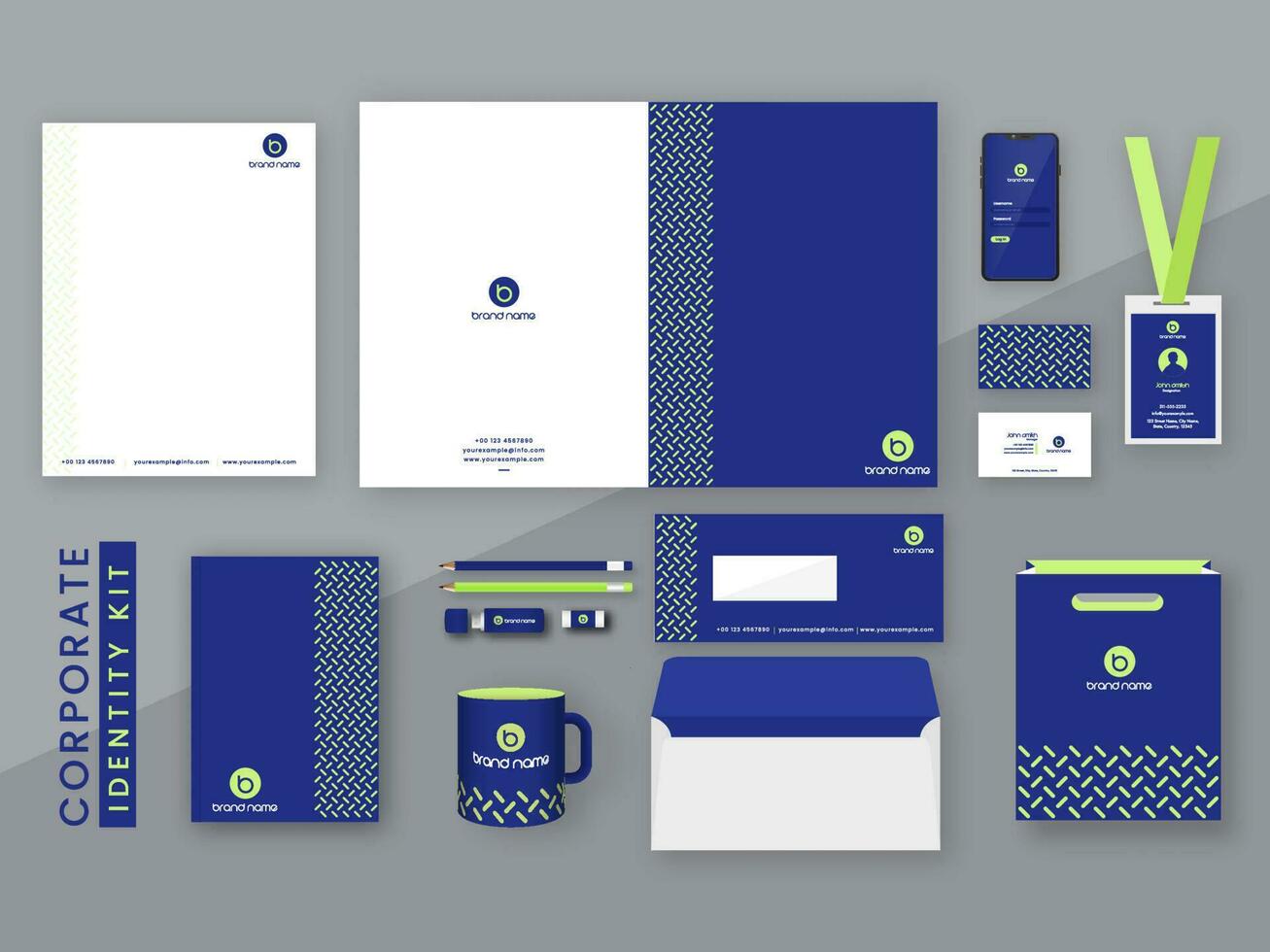 Corporate Identity Kits Including Letterhead, Bi-Fold Brochure, Diary, Visiting, Id Card, Double-Side Envelope, Smartphone And Other Items. vector