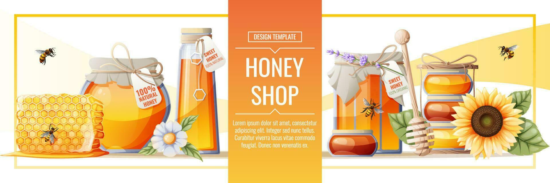 Banner template with honey products. Honey shop.Illustration of a jar of honey, honeycombs, bees, flowers. Design for label, flyer, poster, advertising. vector