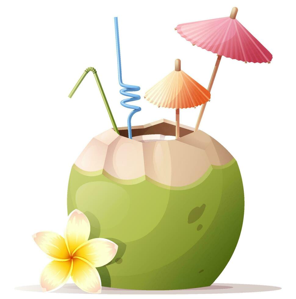 delicioso cóctel en Coco. paraguas, tubito, plumería, Coco. verano playa ilustración para pegatinas vector