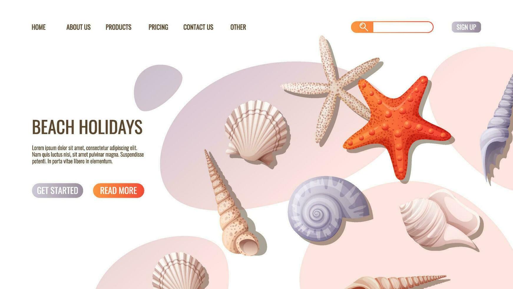 web página modelo con conchas marinas y estrellas en el arena. playa tema, tropical concepto.de.vacaciones para web bandera y aterrizaje página vector