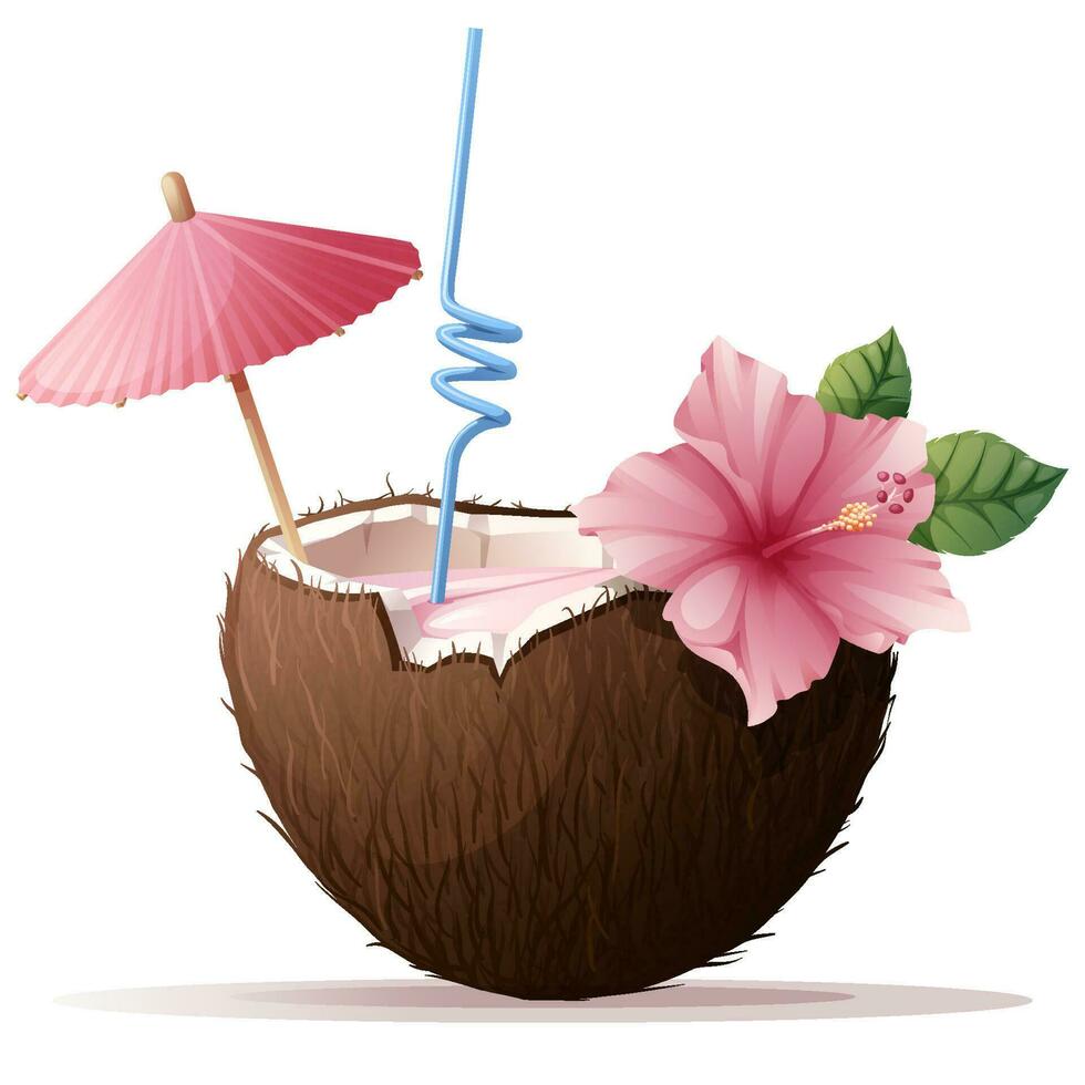 Delicious cocktail in coconut. Umbrella, tubule, hibiscus, coconut. Summer beach illustration. vector