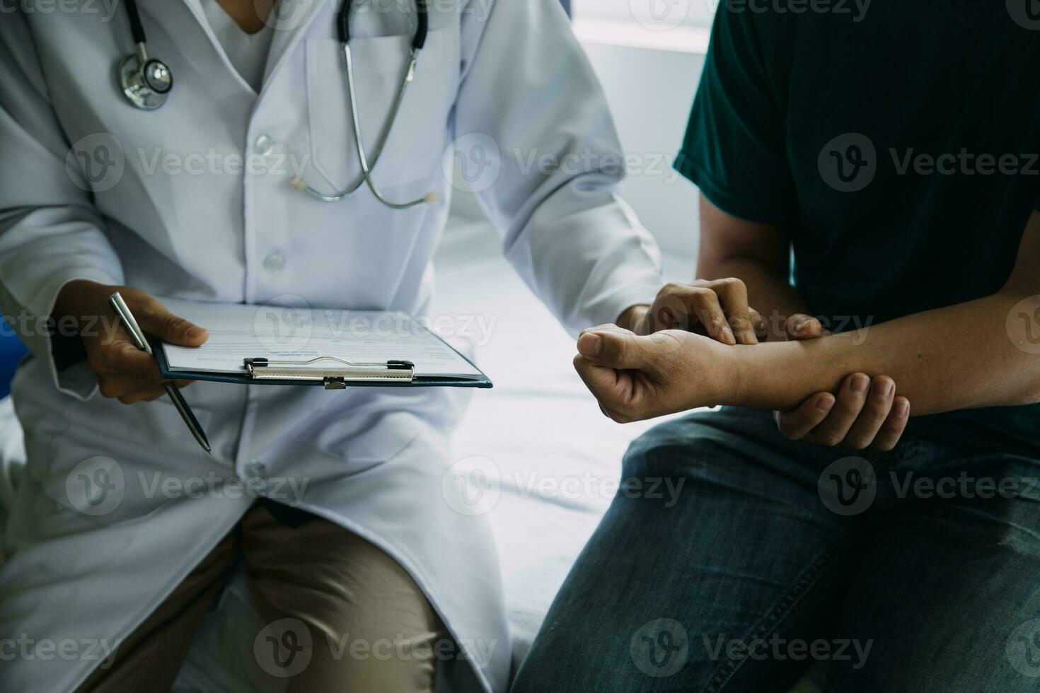 Doctor telling to patient woman the results of her medical tests. Doctor showing medical records to cancer patient in hospital ward. Senior doctor explaint the side effects of the intervention. photo