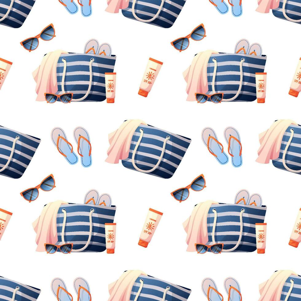 Seamless pattern with beach bag, sunglasses, towel, sunscreen. Seamless texture, summer, beach ornament.Suitable for textiles, paper, wallpaper vector