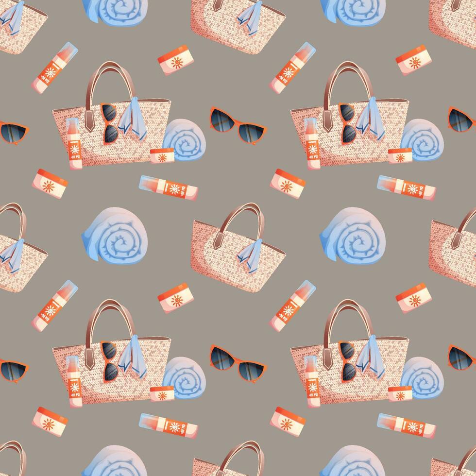 Seamless pattern with straw bag, glasses, towel, sunscreen. Seamless texture, summer, beach ornament.Suitable for textiles, paper, wallpaper vector
