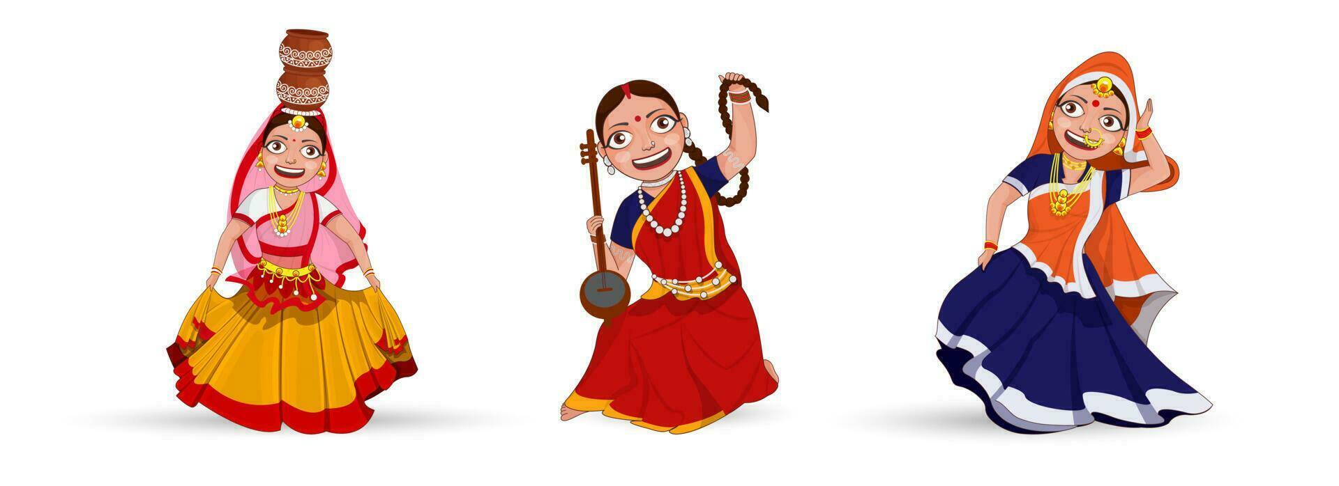 Three Young Women Wearing Traditional Attire In Three Classical Dance. vector
