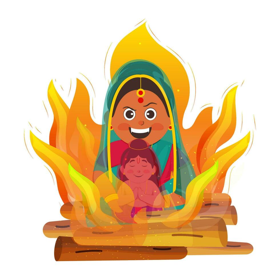 Illustration Of Holika With Prahlad Sitting At Fire For Holika Dahan Concept. vector