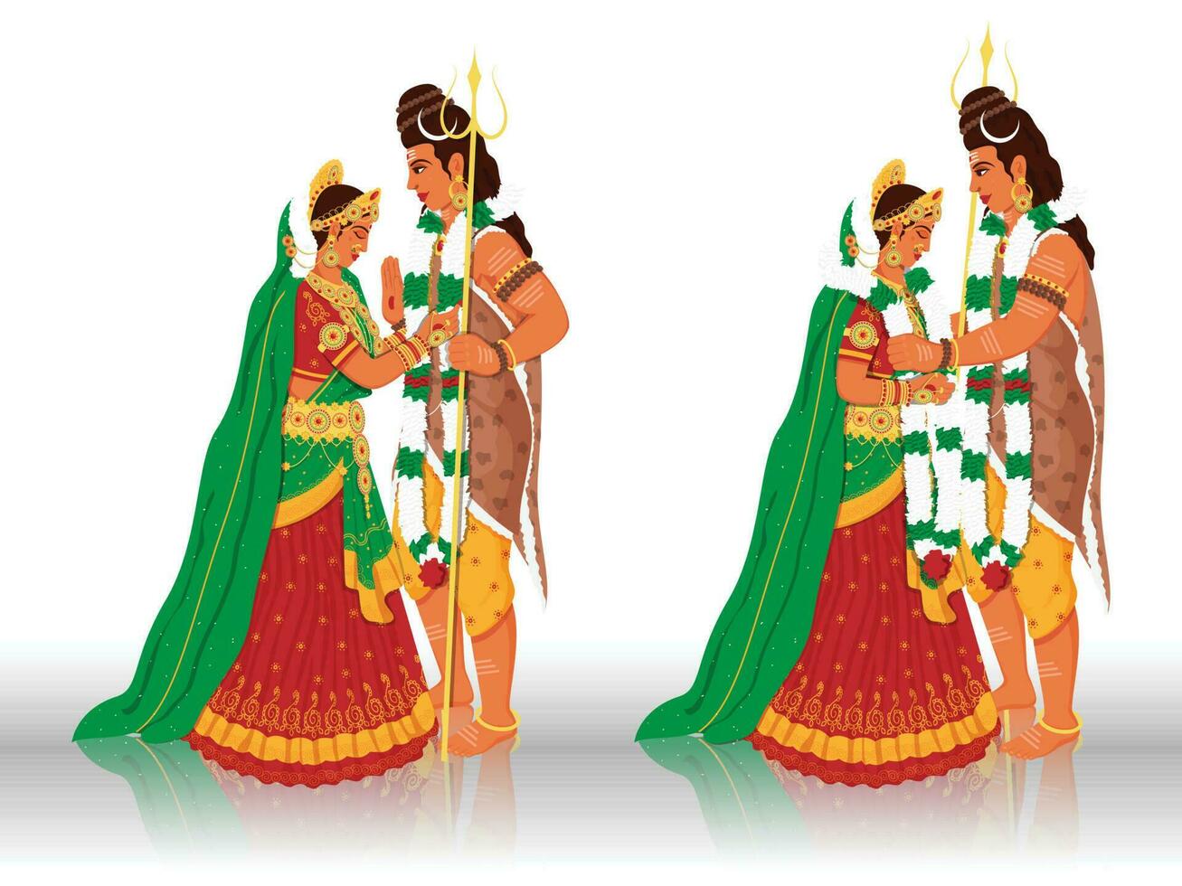 personaje de señor shiva y diosa parvati durante matrimonio en dos imágenes en contra blanco antecedentes. vector