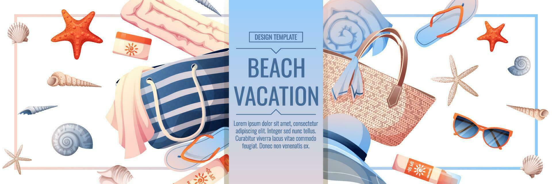 Beach banner with accessories for relaxing by the sea. Beach bag, sunscreen, glasses, towel, shells. Webbaner, poster, flyer, advertising. vector