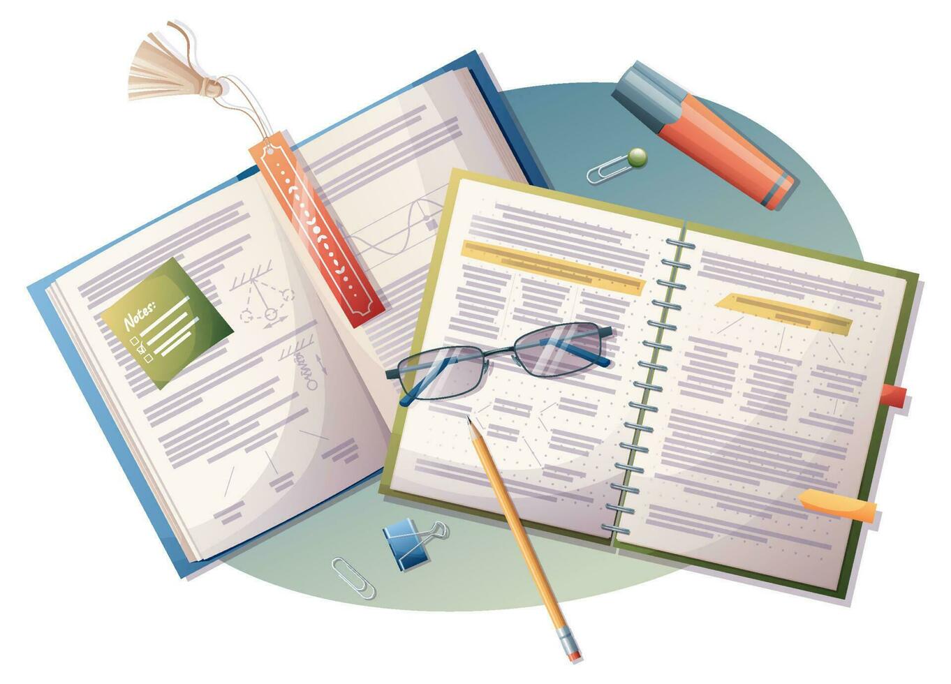 Illustration of a school notebook, textbook, glasses, stationery.Back to school, education, school supplies. Suitable for stickers, prints, books vector