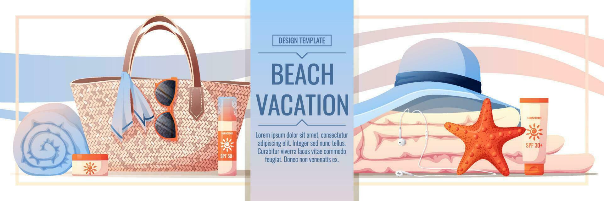 Beach banner with accessories for relaxing by the sea. Beach bag, sunscreen, glasses, towel, shells. Webbaner, poster, flyer, advertising. vector