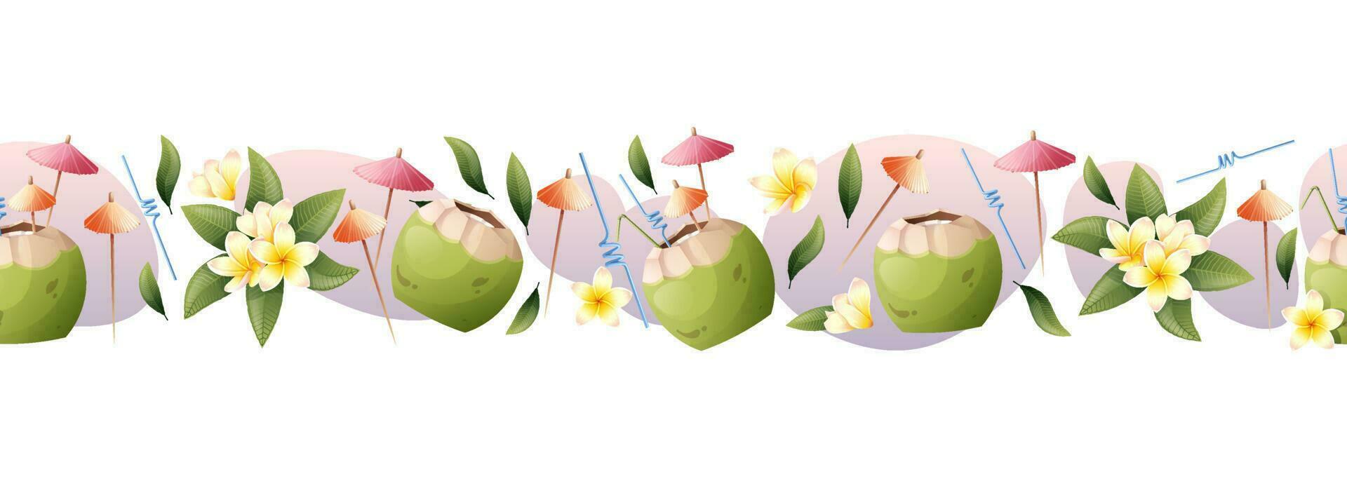 A seamless border with a green coconut with a cocktail and frangipani flowers. Suitable for decorating beach and summer illustrations. vector