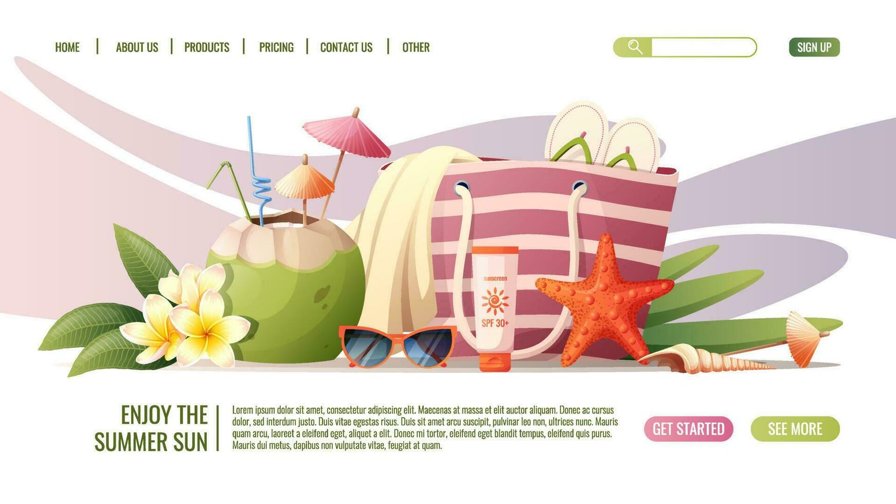 Web page template with cocktail, beach bag, sunscreen and glassess.Concept for web banner and landing page. Beach theme, summer vacation vector