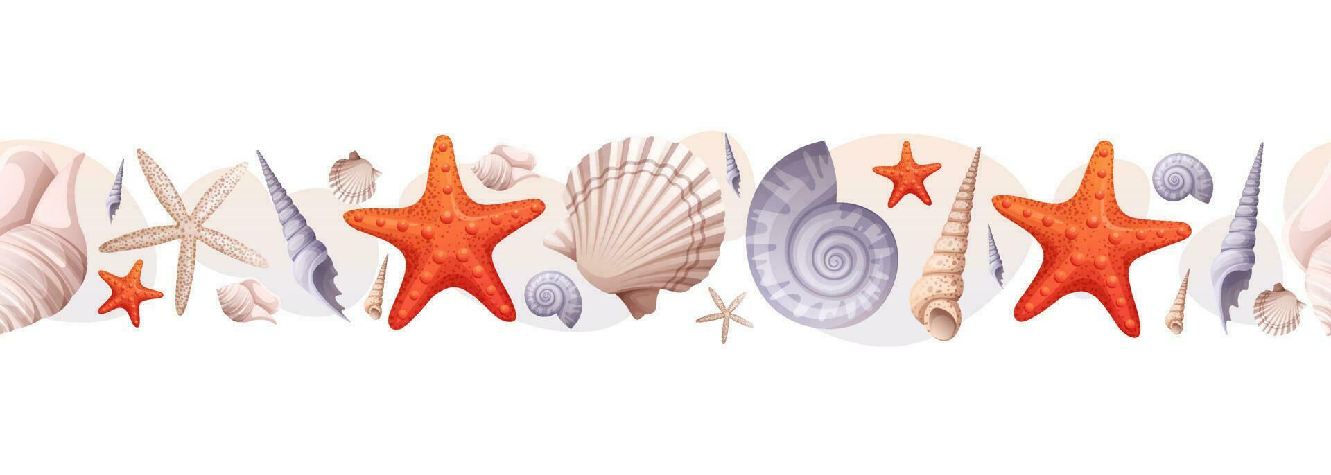 A seamless border with shells and starfish. Beach marine illustration. Summer vacation.Suitable for d cor, design of summer illustrations vector