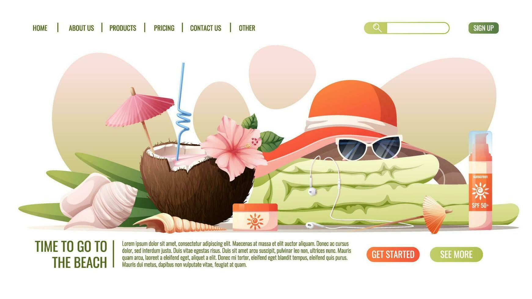 Web page template with cocktail, towel, hat, sunscreen and glasses.Concept for web banner and landing page. Beach theme, summer vacation. vector