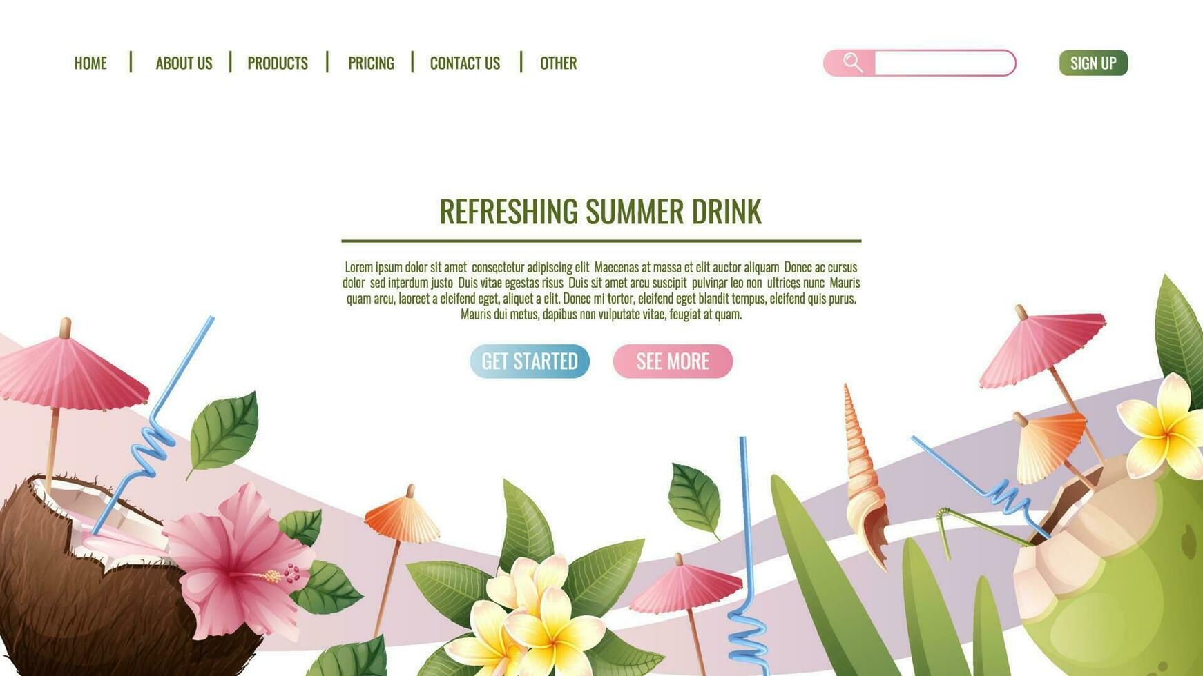 Web page template with beach cocktail in coconut with flower and seashells.Concept for web banner and landing page. Beach theme, tropical vacation vector