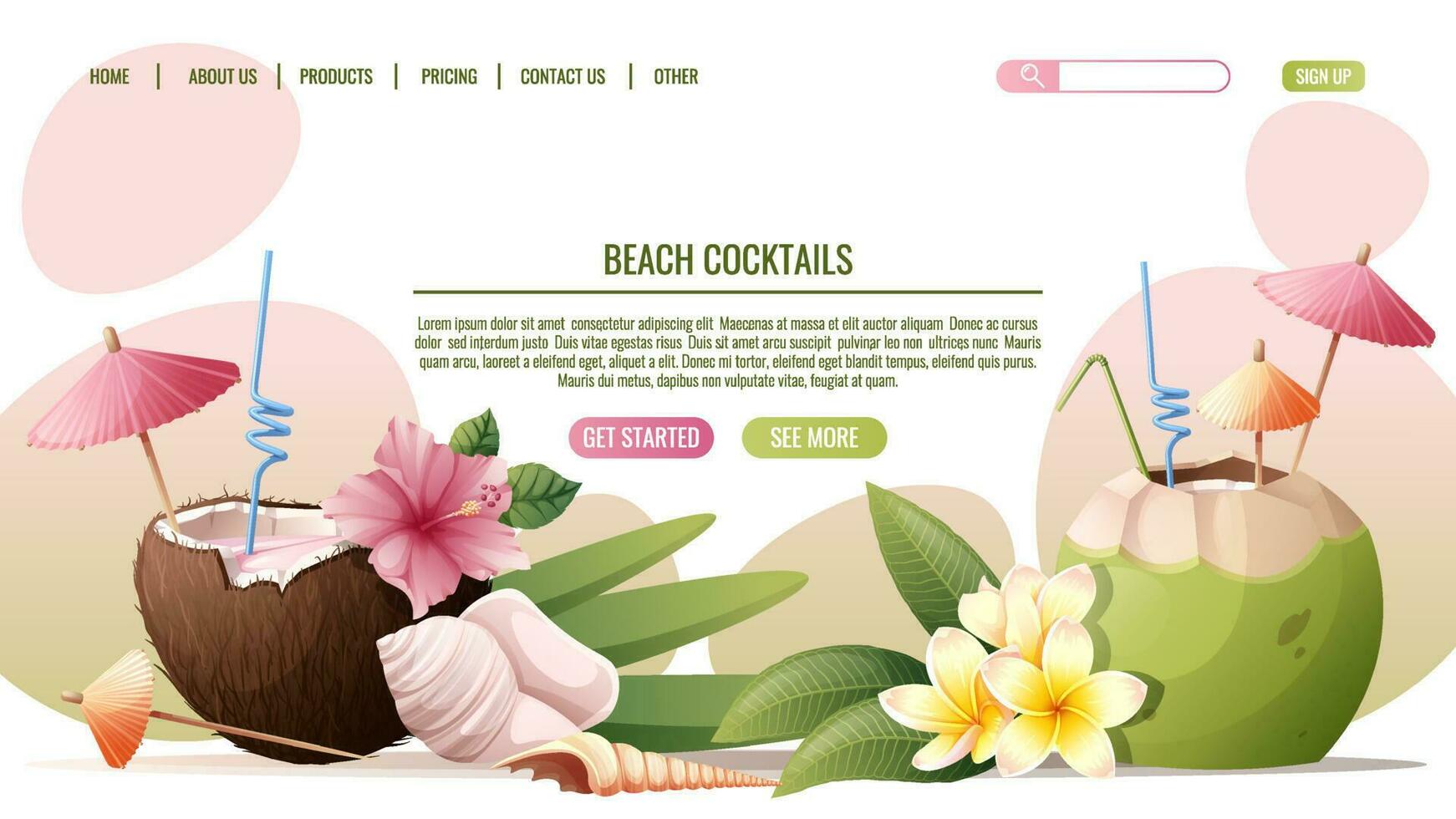 Web page template with beach cocktail in coconut with flower and seashells.Concept for web banner and landing page. Beach theme, tropical vacation vector