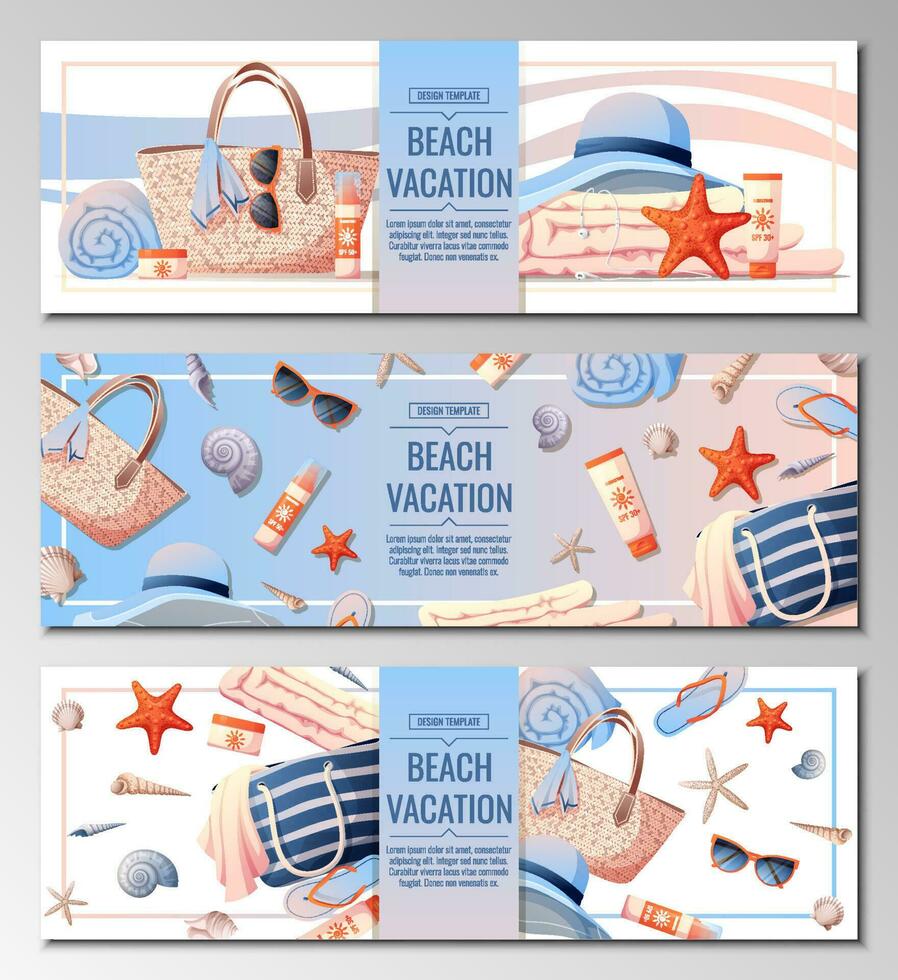 conjunto de playa bandera con accesorios para relajante por el mar. Oceano mar vacaciones, temporada ropa productos cosméticos y accesorios vector antecedentes. webbaner, póster, volantes, publicidad. verano vacaciones