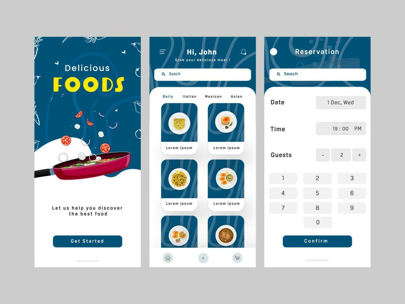 Set Of Food Mobile App UI, UX, GUI Screens Including Get Started, Reservation Template For Advertising. vector