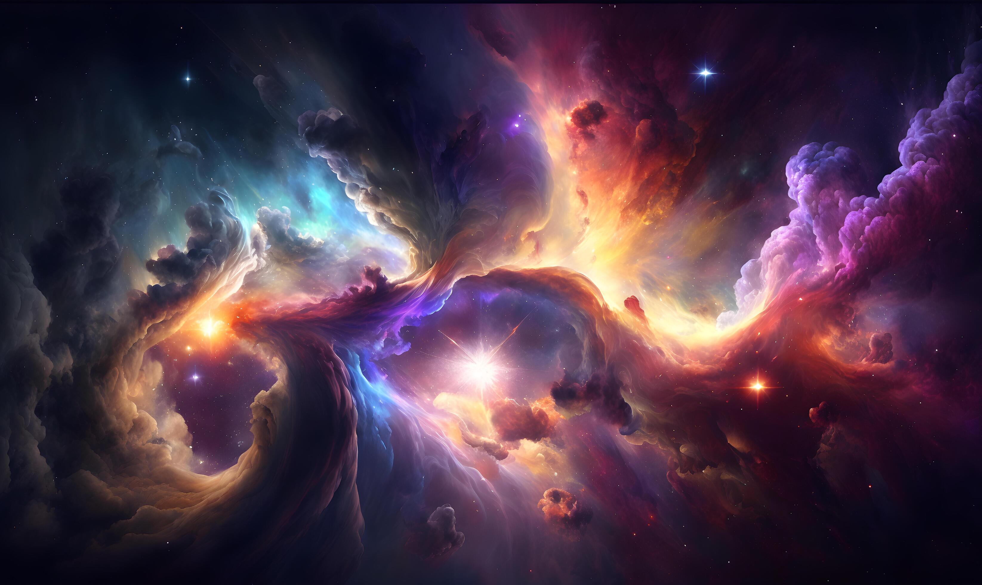 Abstract Space themed background featuring a colorful nebula or supernova, with vibrant swirls