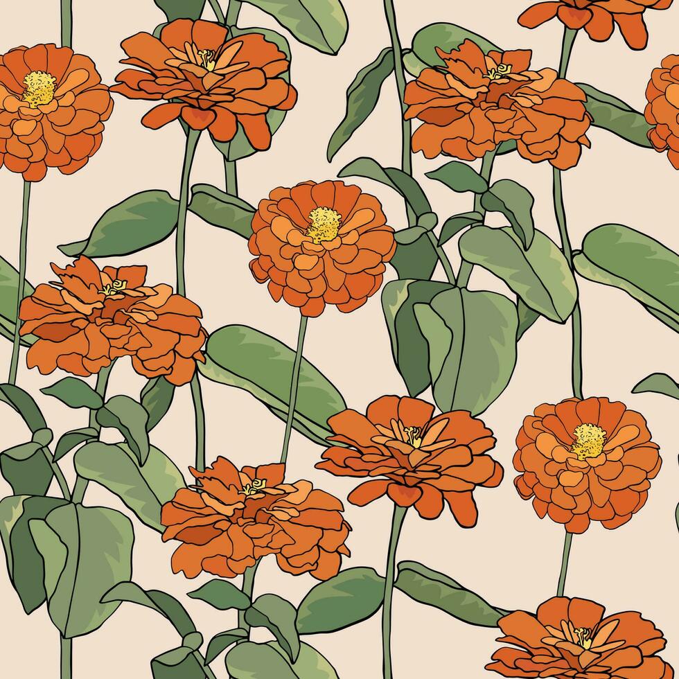 Pattern with common zinnia. Orange elegant zinnia flower on beige background vector