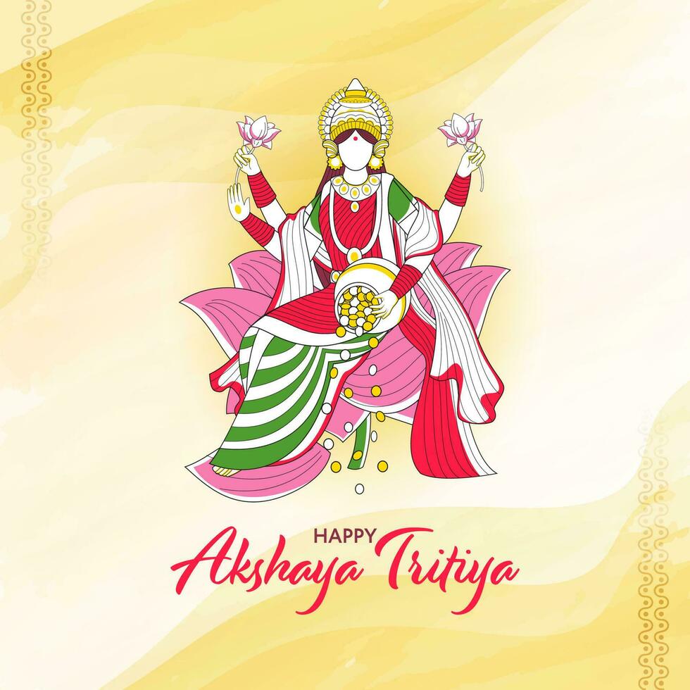 Hindu festival Akshaya Tritiya wishes with illustration of Wealth Goddess Laxmi, kalash with full of gold coins. vector