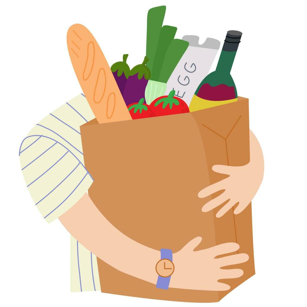 Paper bag with food. Shopping at the grocery store.Organic fruit
