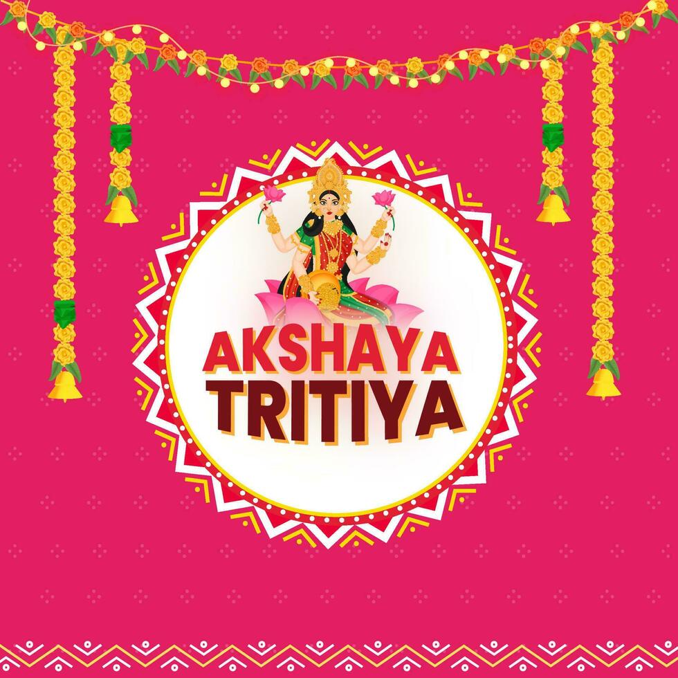 Hindu festival Akshaya Tritiya wishes with illustration of Wealth Goddess Laxmi, golden kalash with full of gold coins. vector