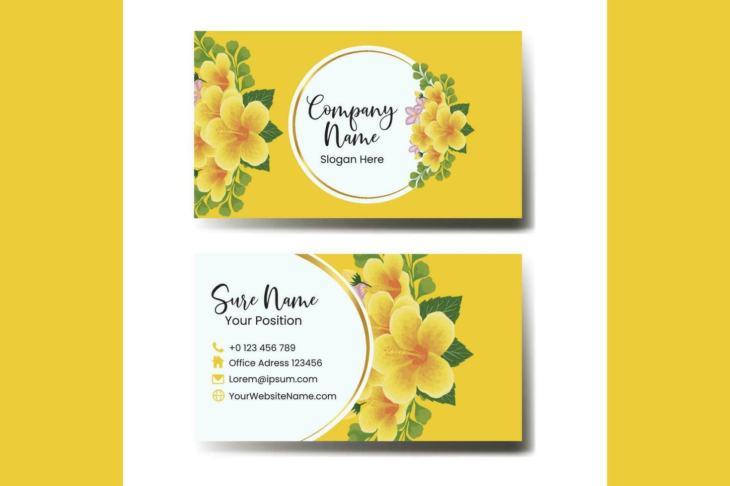 Business Card Template Yellow Hibiscus Flower .Double-sided Yellow Colors. Flat Design Vector Illustration. Stationery Design